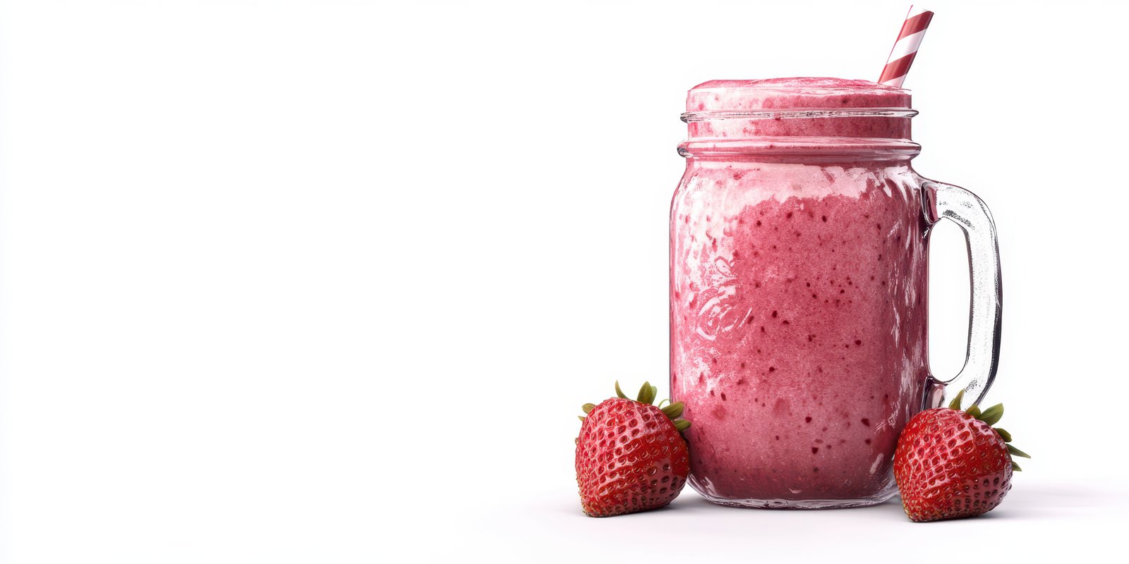 Refreshing strawberry smoothie in a mason jar with fresh strawberries beside it